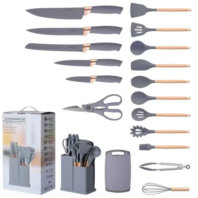 Silicone Kitchen Utensil Set with Wooden Handles & Storage Bucket – view 5