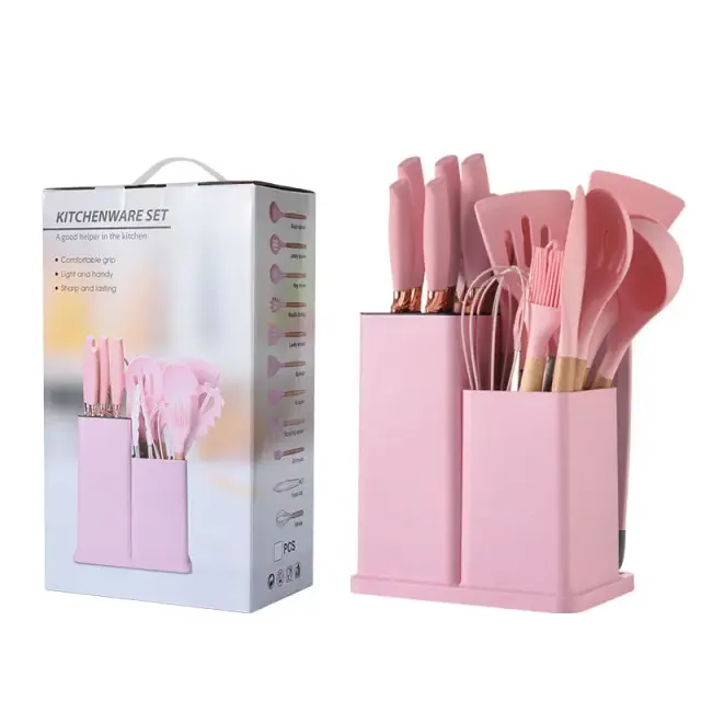 Silicone Kitchen Utensil Set with Wooden Handles & Storage Bucket – view 2