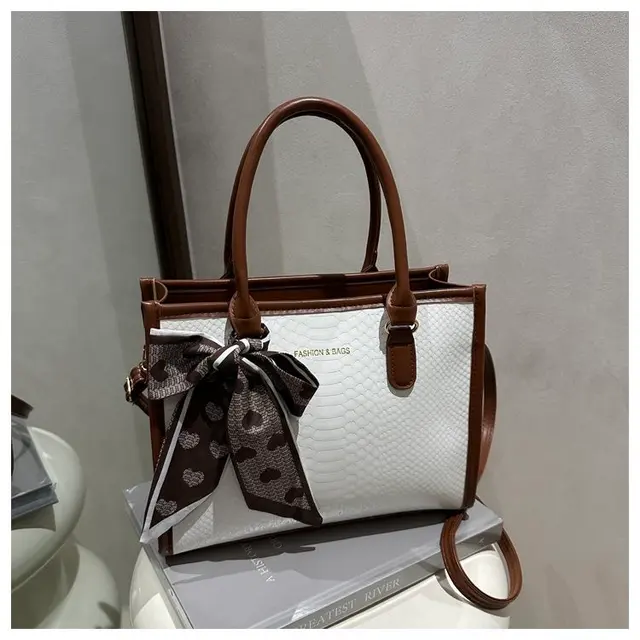 Classic Snake-Texture Tote Bag with Printed Scarf Accent – view 3