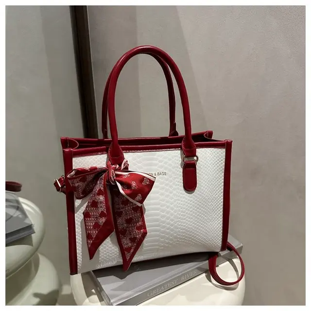 Classic Snake-Texture Tote Bag with Printed Scarf Accent – view 4