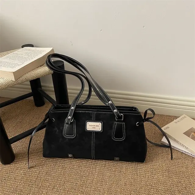 Vintage Contrast-Stitch Suede Baguette Shoulder Bag