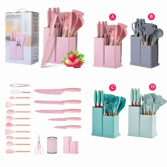 Silicone Kitchen Utensil Set with Wooden Handles & Storage Bucket – view 3