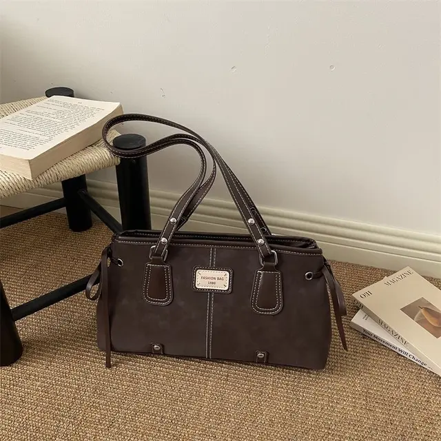Vintage Contrast-Stitch Suede Baguette Shoulder Bag – view 2