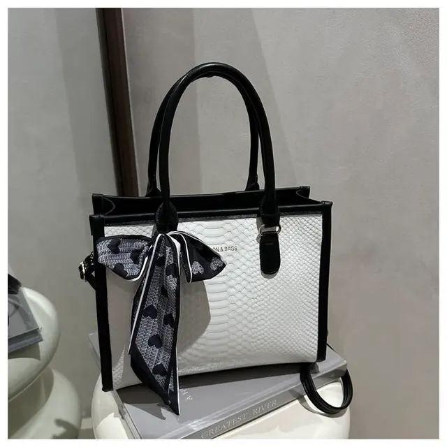 Classic Snake-Texture Tote Bag with Printed Scarf Accent – view 2