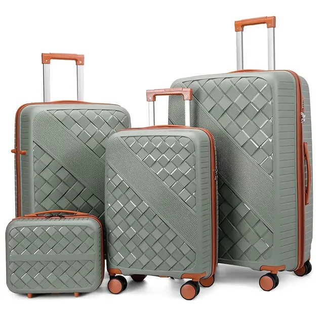 4-Piece Woven Pattern Hard Shell Luggage Set – Green