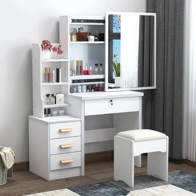 80cm Makeup Table with Sliding Mirror, Storage & Stool – view 2